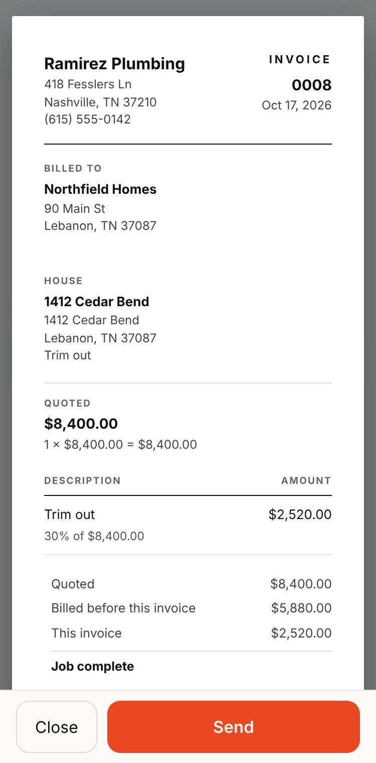 The invoice: Ramirez Plumbing, No. 0008, billed to Northfield Homes for 1412 Cedar Bend, Trim out $2,520.