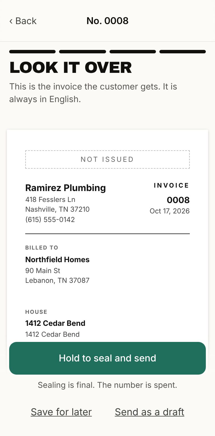 Look it over: the invoice, and the green button to seal and send.