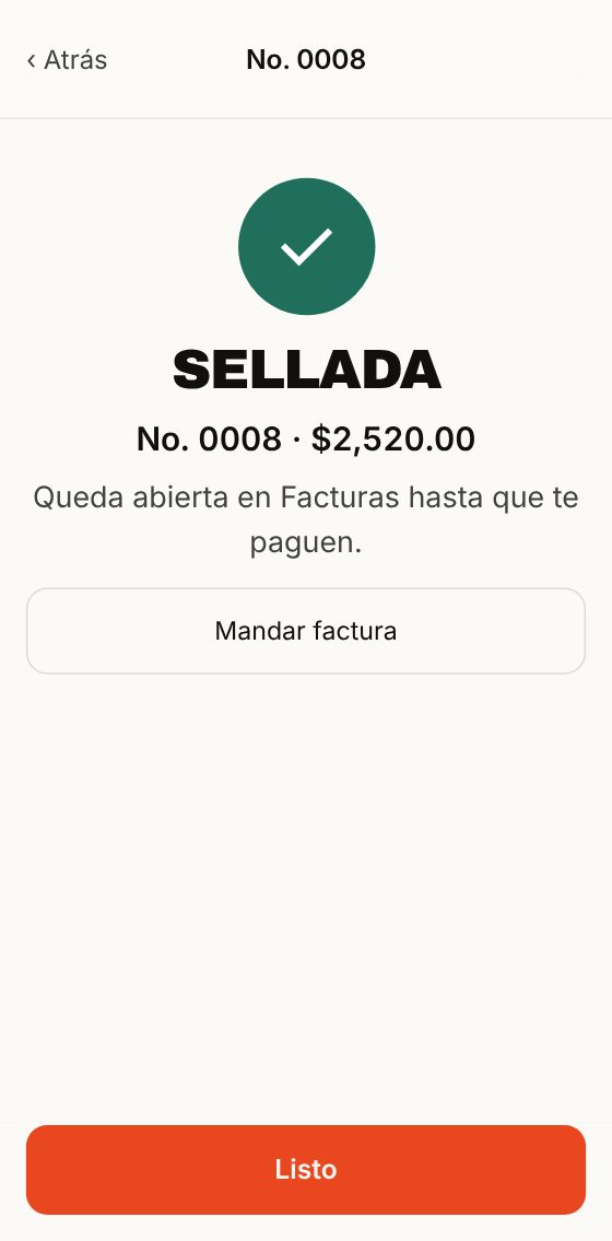 Sellada: No. 0008 por $2,520.00 y Mandar factura.