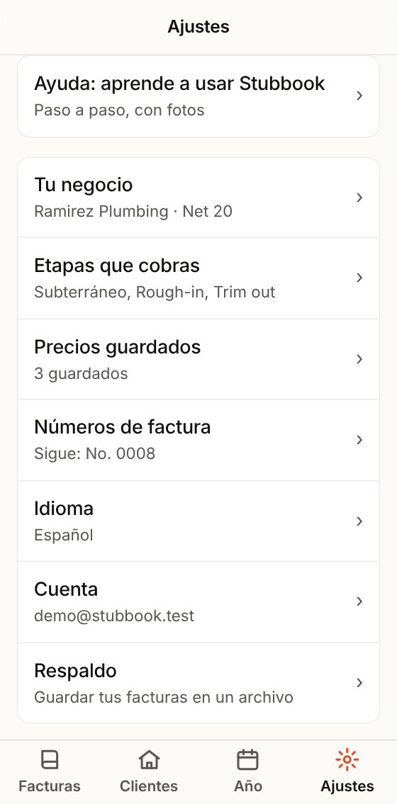 Ajustes: tu negocio, etapas, precios guardados, números, idioma, cuenta y respaldo.