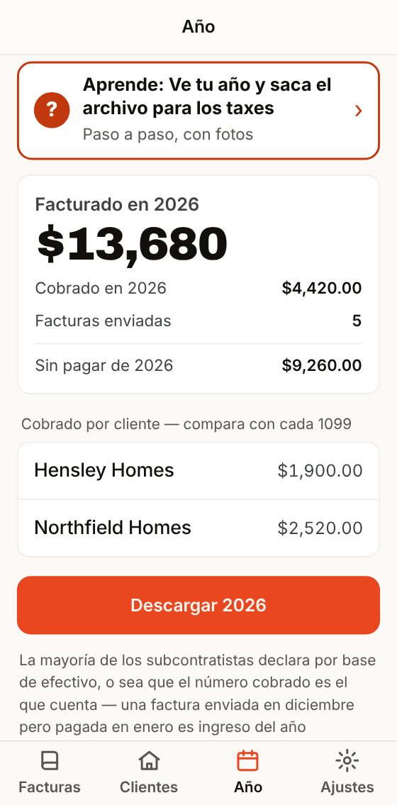 Año: facturado, cobrado, sin pagar y lo cobrado por cliente.