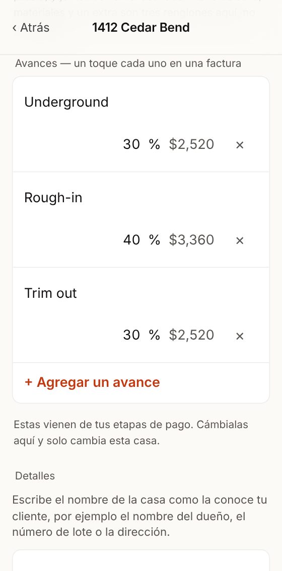 Avances: 30%, 40% y 30% del precio, y + Agregar un avance.