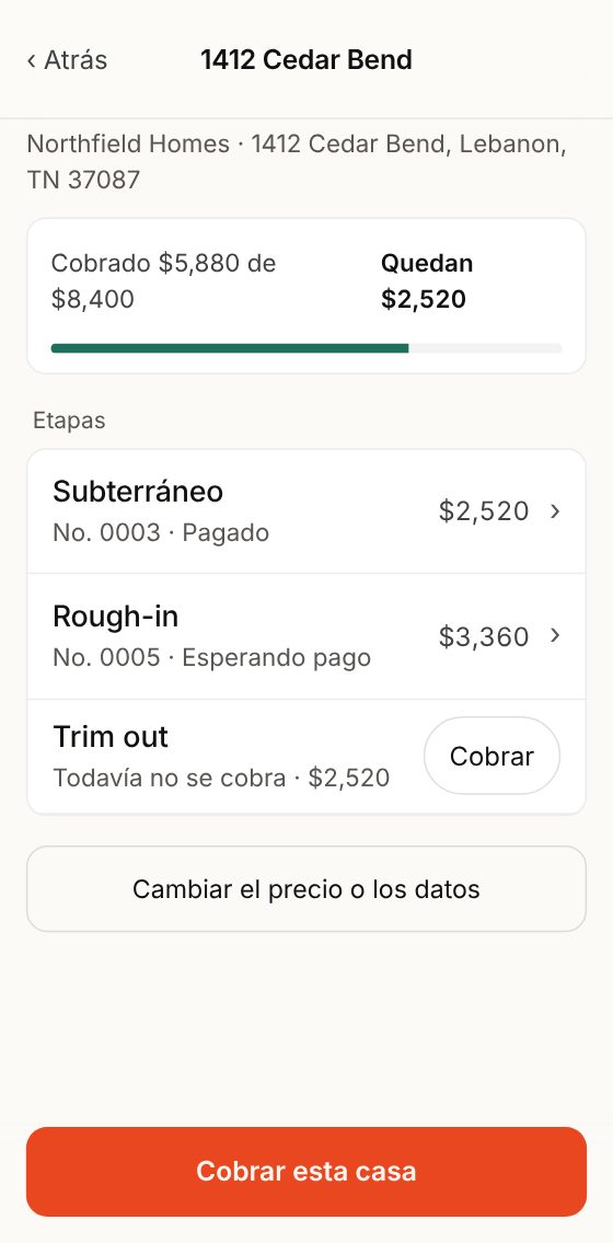 Una casa: cobrado $5,880 de $8,400, cada etapa y el botón Cobrar.
