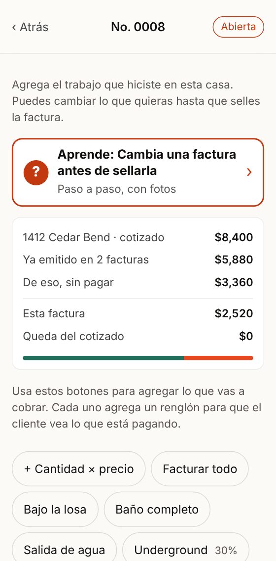 Cambiar la factura: botones para agregar renglones, avances y precios guardados.