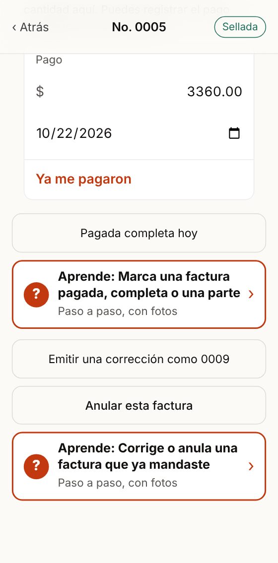 Más: el pago, Emitir una corrección y Anular esta factura.