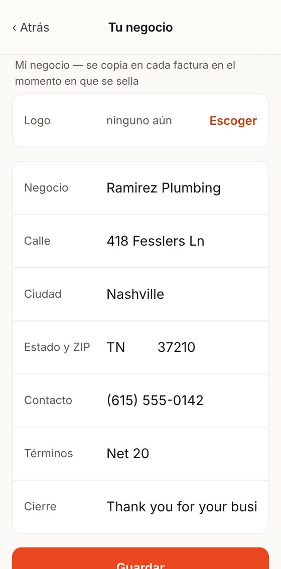 Ajustes, Tu negocio: logo, nombre, dirección, contacto y términos.