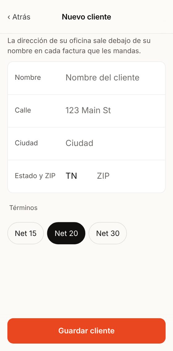 Nuevo cliente: nombre, dirección y términos.