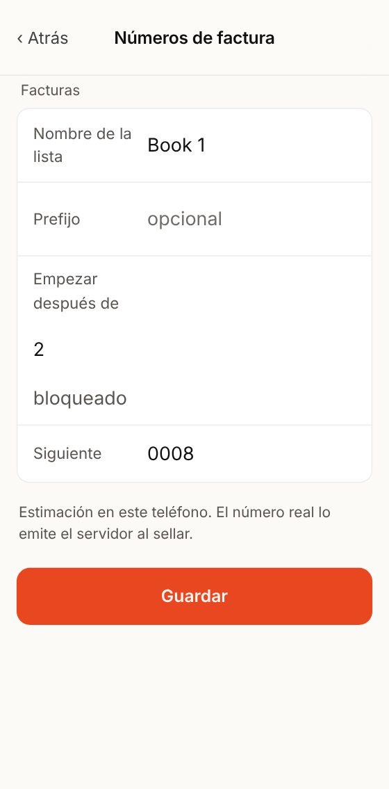Números de factura: empezar después de y el siguiente número.