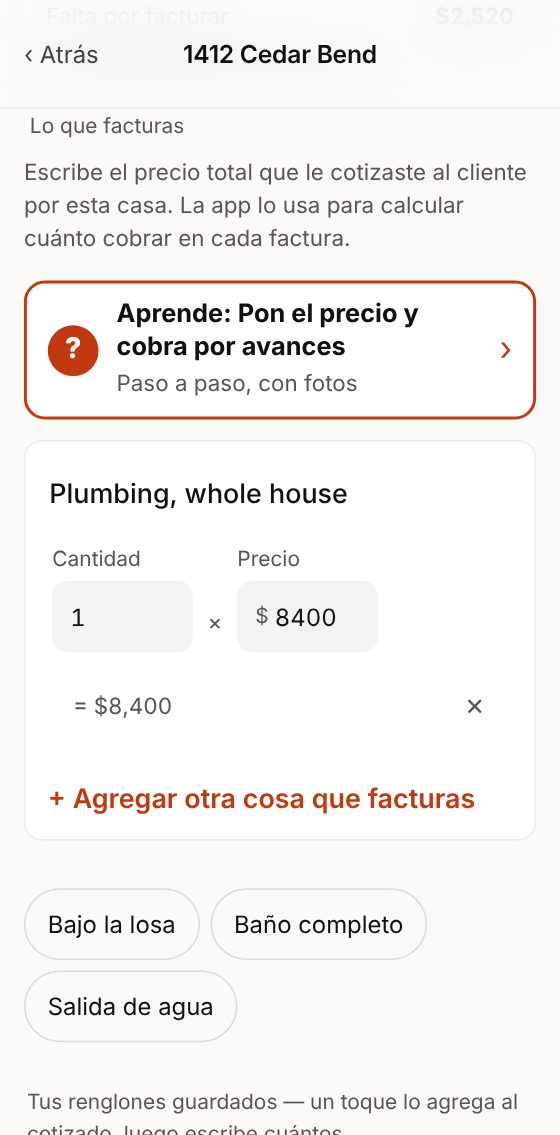 En el precio de la casa, tus precios guardados como botones.