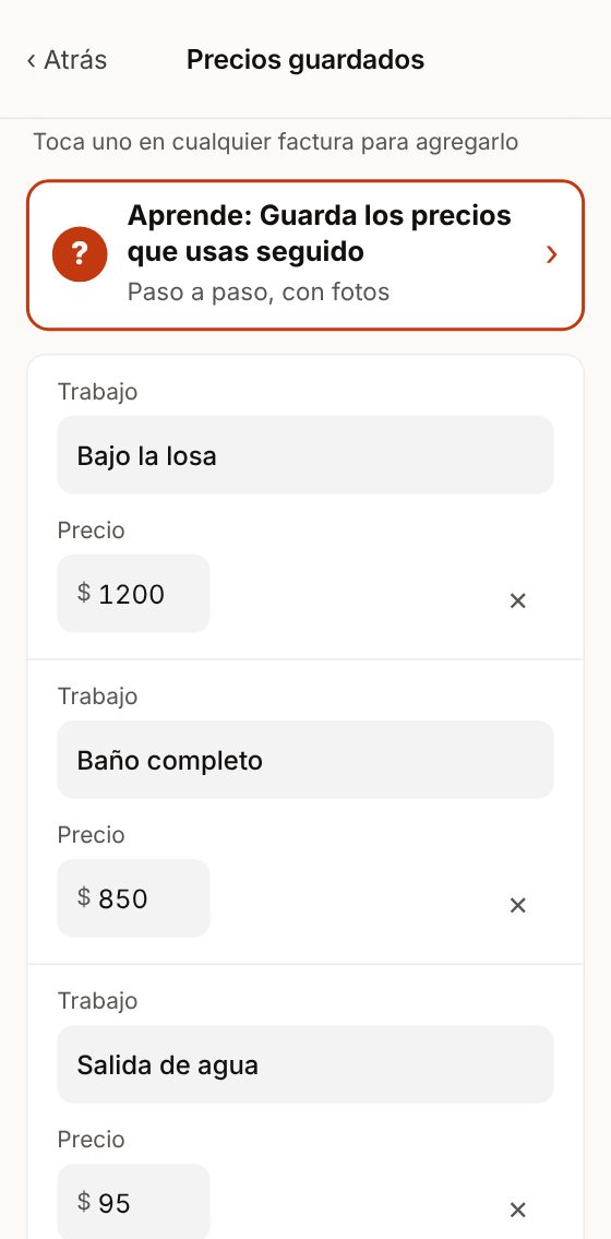 Precios guardados: trabajo y precio de cada uno.