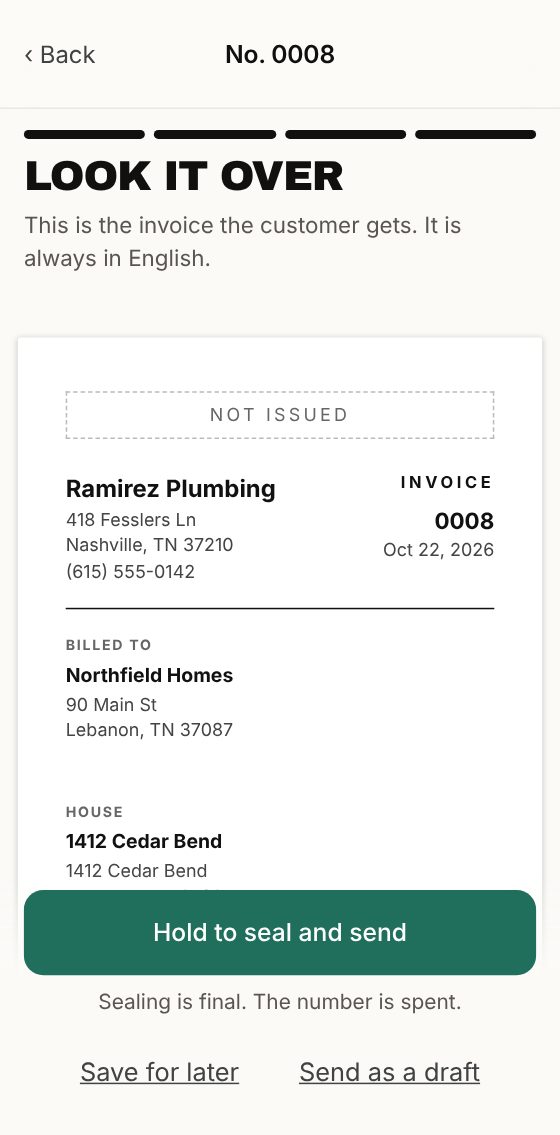 Look it over: the invoice and the green button.