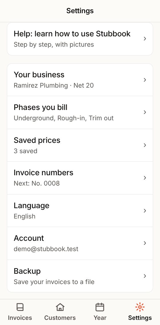 Settings: your business, phases, saved prices, numbers, language, account and backup.