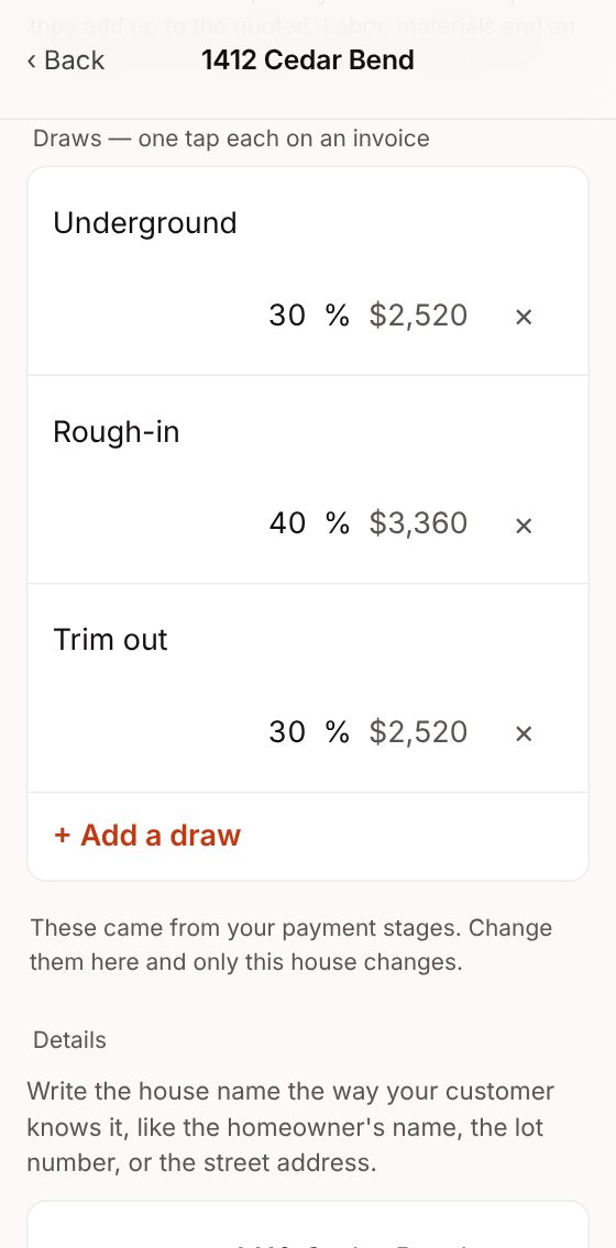 Draws: 30%, 40% and 30% of the price, and + Add a draw.