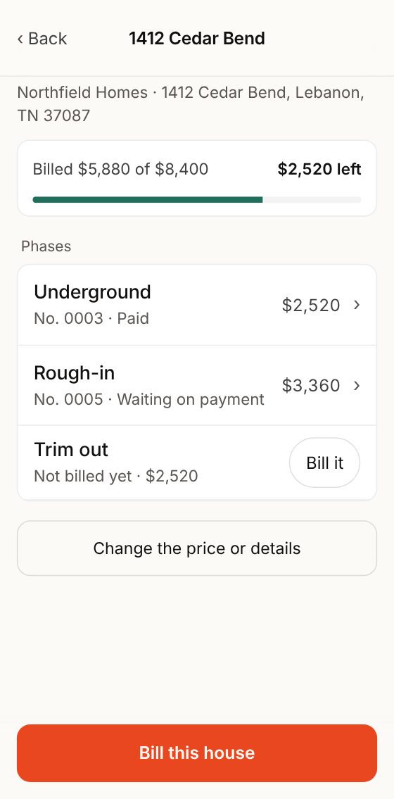 A house: billed $5,880 of $8,400, each phase and the Bill it button.