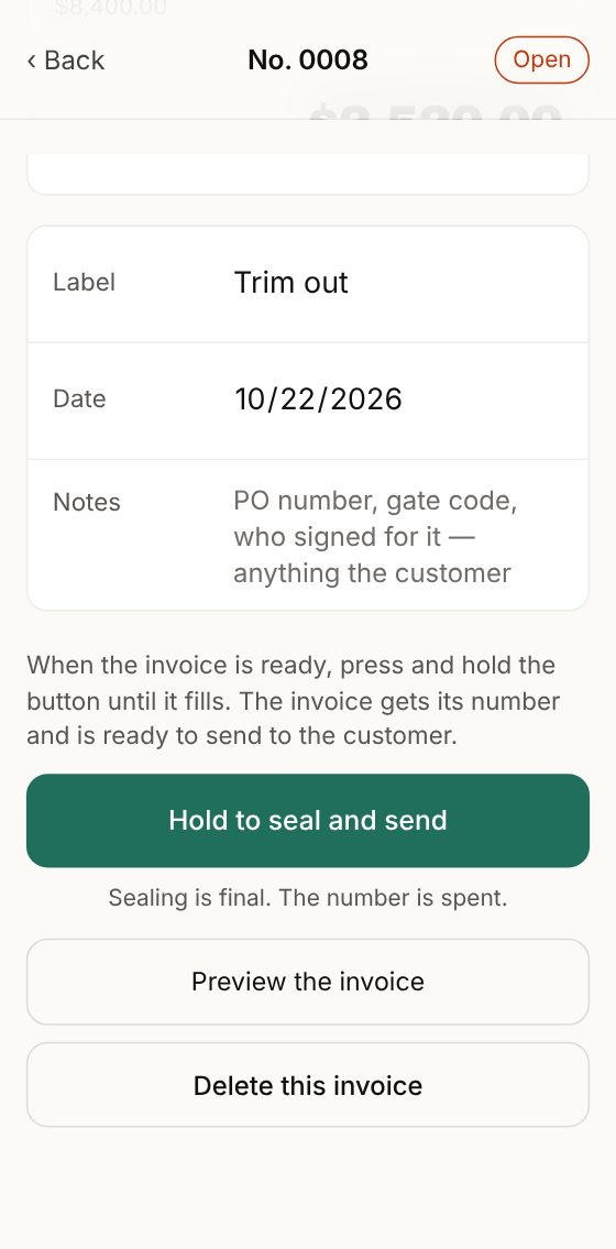 The total, the date, the notes, the green button and Delete this invoice.