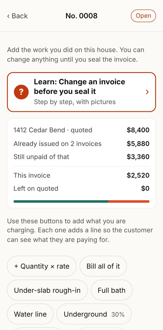 Changing the invoice: buttons to add lines, draws and saved prices.