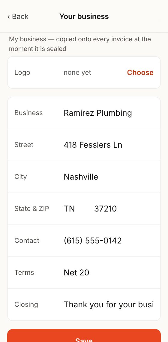Settings, Your business: logo, name, address, contact and terms.
