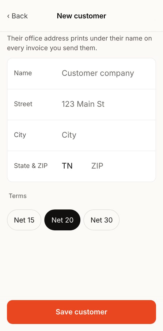 New customer: name, address and terms.