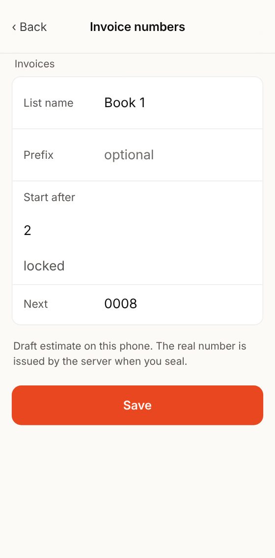 Invoice numbers: start after and the next number.