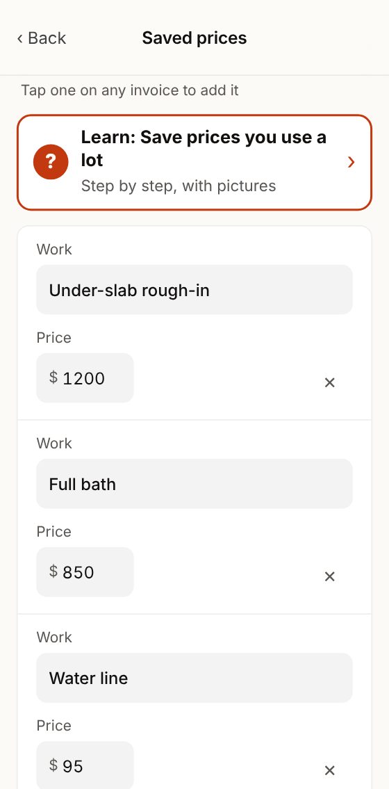 Saved prices: the work and the price of each.